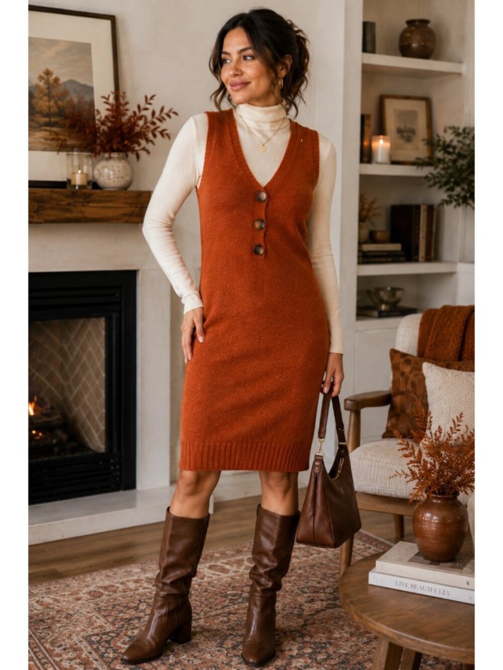 Women’s M Rust Orange Knit Sweater Dress V Neck Sleeveless Button Fall Midi